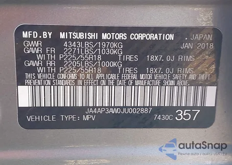 2018 Mitsubishi Outlander Sport 2.4 Se z USA, uszkodzony, nr VIN JA4AP3AW0JU002887